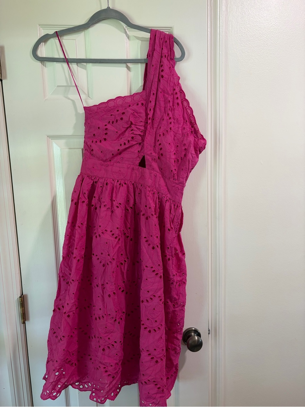 Women’s One-Shoulder Eyelet Dress - Fuchsia Pink